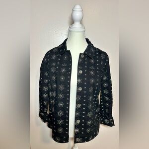 Christopher & Banks Black Jean Jacket with White Embroidery